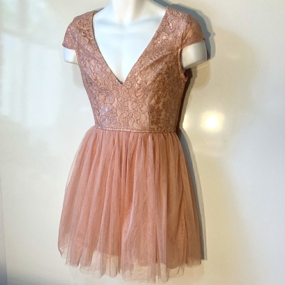Maniju SZ S Soft pink lace sequined cocktail party dress full toile skirt